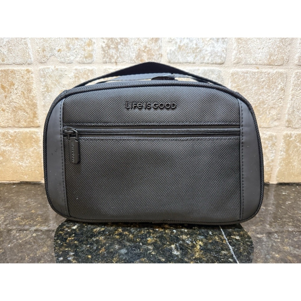 Life is Good Black Travel Valet Hanging Toiletry Bag Zippers‎ Hook